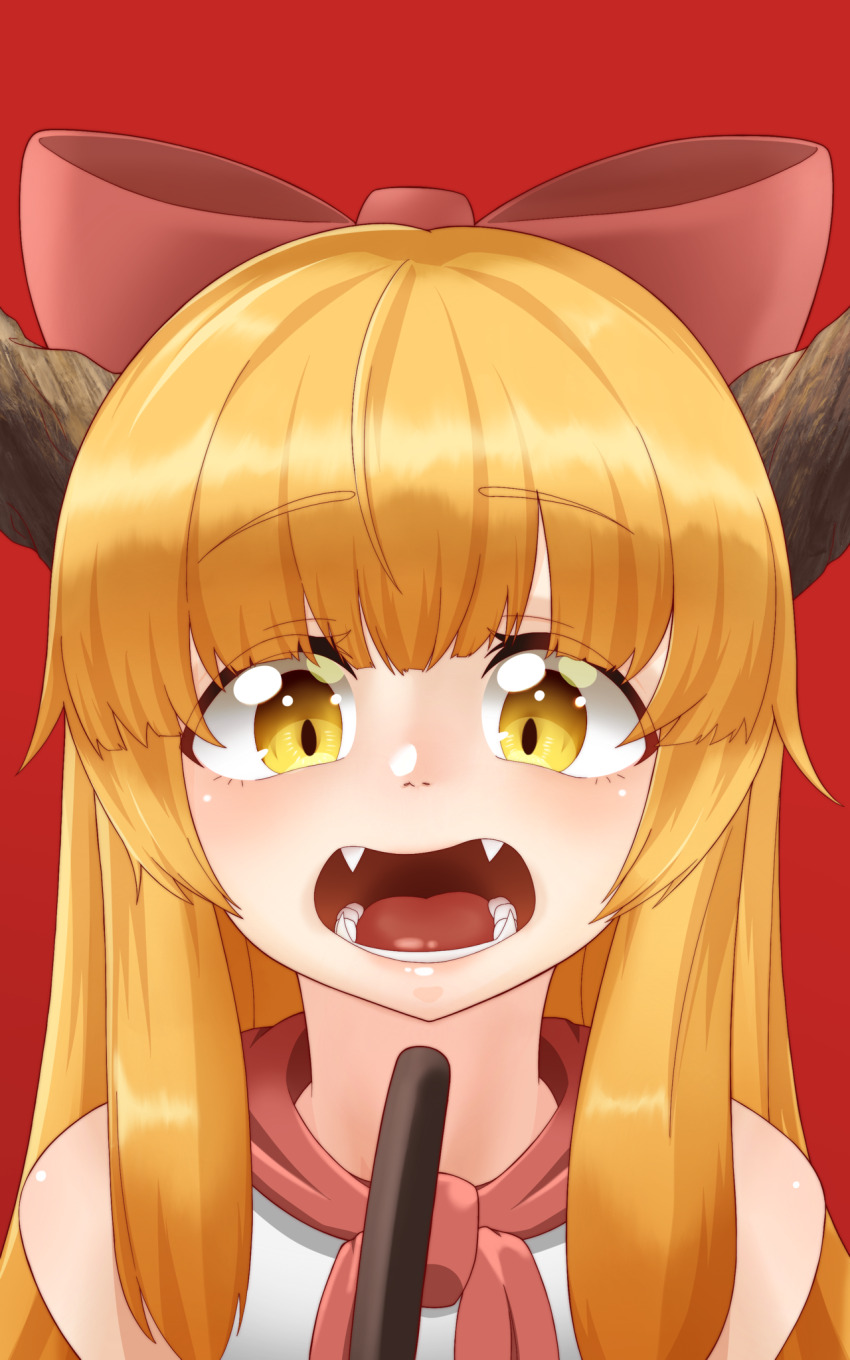 1girl blunt_bangs blush bow bowtie brown_horns commentary_request fangs food hair_bow highres horns ibuki_suika kurohiba long_hair looking_at_viewer open_mouth orange_hair pocky pocky_day red_bow red_bowtie sidelocks simple_background solo teeth textless_version tongue touhou upper_body variant_set yellow_eyes