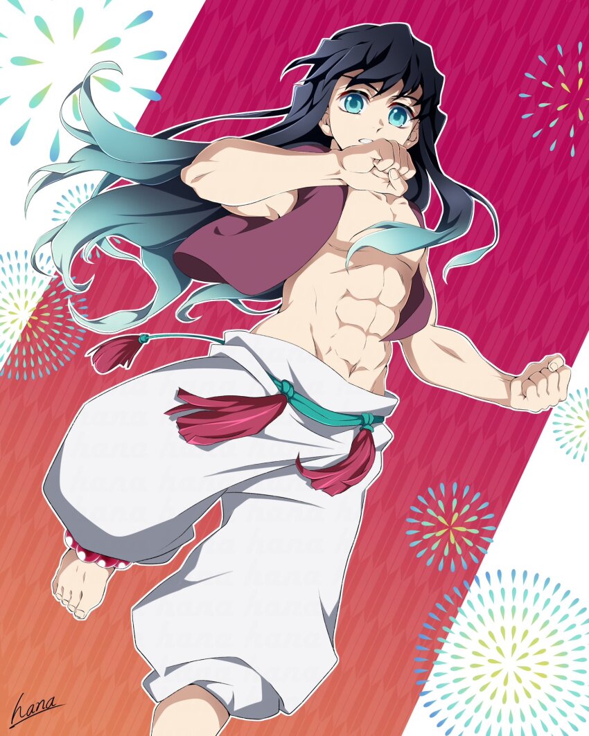 1boy abs aladdin_(character)_(cosplay) aladdin_(disney) aladdin_(movie) alternate_costume aqua_eyes aqua_hair arabian_clothes barefoot black_hair cosplay feet hana_ni_nare highres jacket kimetsu_gakuen kimetsu_no_yaiba long_hair long_sleeves looking_at_viewer male_focus multicolored_hair muscular muscular_male open_clothes open_shirt pants red_jacket simple_background solo tassel teeth toes tokitou_muichirou two-tone_hair white_pants