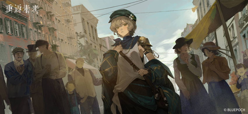 3girls 5boys armor bag black_pants blonde_hair blue_coat blue_neckerchief blue_sky brown_bag brume_(reverse:1999) building coat copyright_name copyright_notice cowboy_shot day dutch_angle flower green_hat hair_flower hair_ornament hand_up hat highres holding_strap logo looking_at_viewer multiple_boys multiple_girls neckerchief newsboy_cap no_eyes off_shoulder official_art official_wallpaper open_clothes open_coat outdoors pants parted_lips people reverse:1999 short_hair shoulder_armor shoulder_bag single_bare_shoulder sky solo_focus tank_top white_flower white_tank_top yellow_eyes