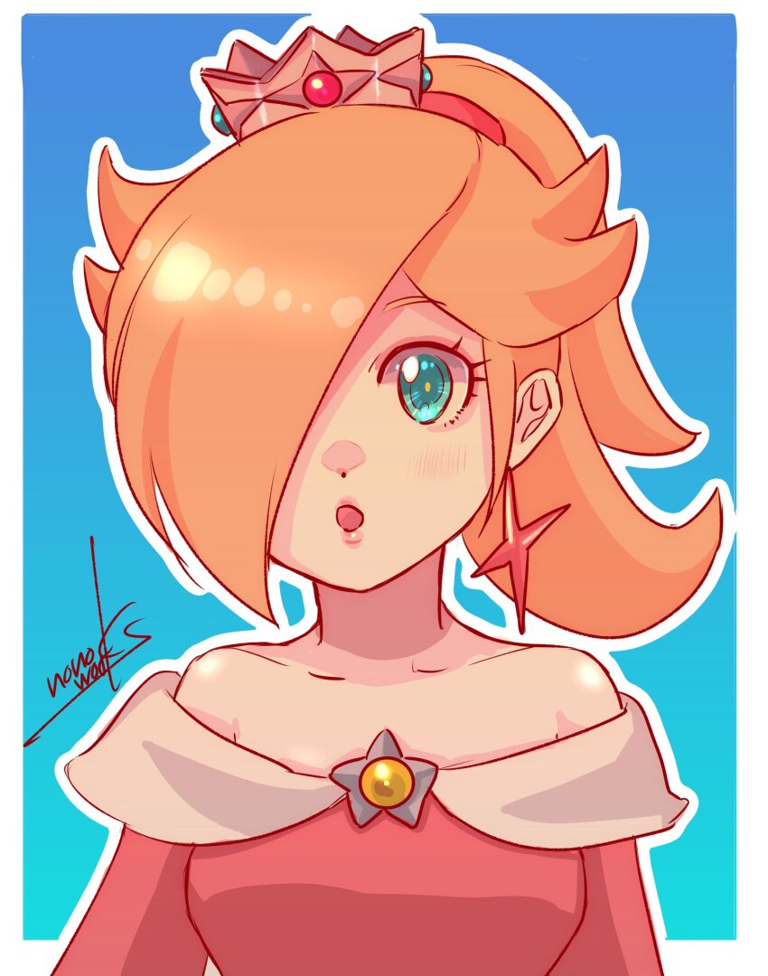 1girl bare_shoulders blonde_hair blue_background blue_eyes blush brooch crown dress earrings fire_rosalina hair_over_one_eye highres jewelry looking_at_viewer mario_(series) nintendo nonoworks off-shoulder_dress off_shoulder open_mouth outline ponytail red_dress rosalina signature solo star_(symbol) star_earrings super_mario_3d_world upper_body white_outline
