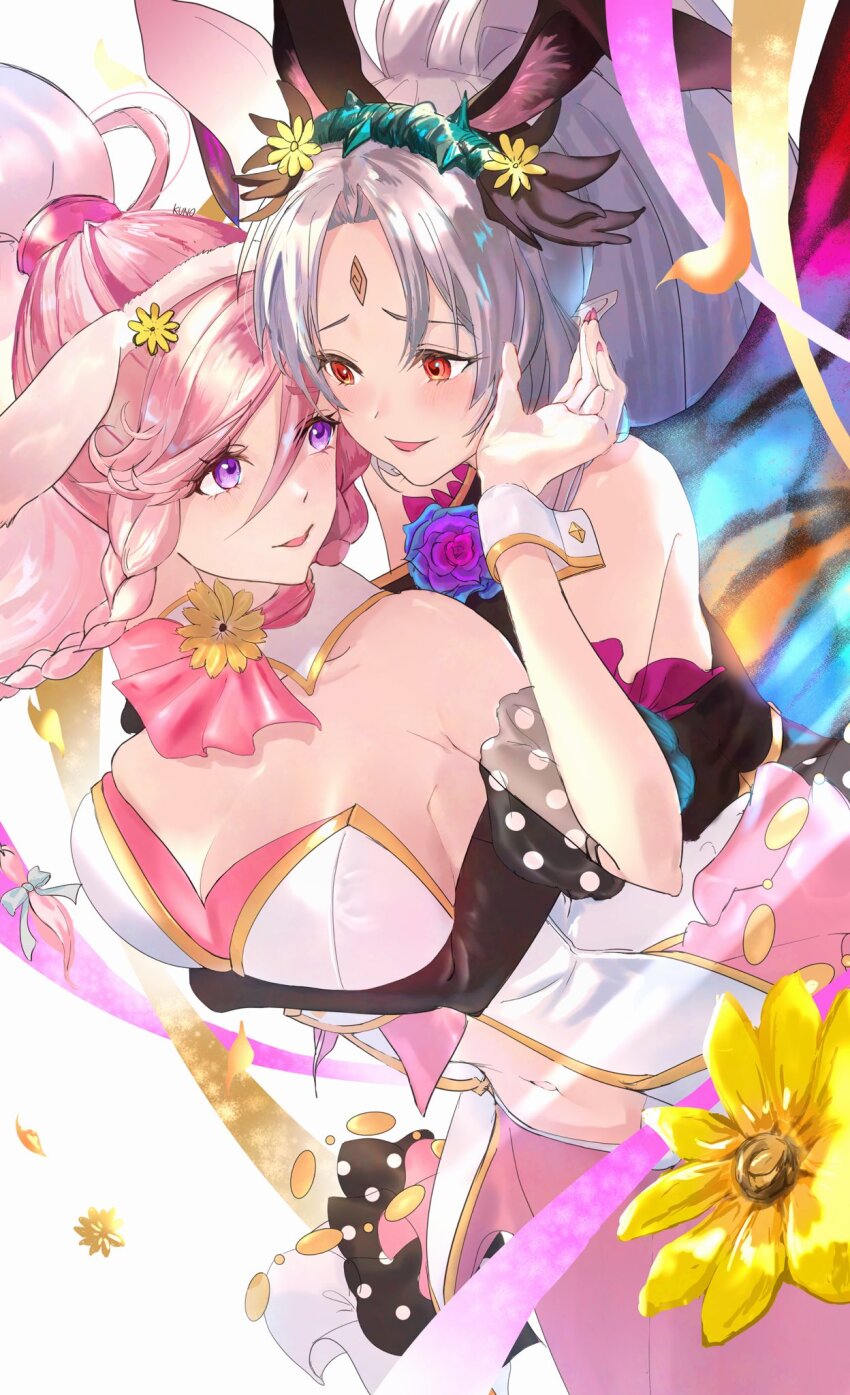 2girls animal_ears armpits bare_shoulders breasts cleavage collarbone commentary_request covered_navel detached_collar fairy_wings fake_animal_ears fire_emblem fire_emblem_awakening fire_emblem_heroes flower grey_hair highres hug hug_from_behind large_breasts leotard long_hair looking_at_another mixed-language_commentary multiple_girls nanashi_kuno navel nintendo official_alternate_costume olivia_(fire_emblem) olivia_(spring)_(fire_emblem) pink_hair playboy_bunny plumeria_(fire_emblem) plumeria_(spring)_(fire_emblem) ponytail purple_eyes rabbit_ears red_eyes smile stomach strapless strapless_leotard wings wrist_cuffs yellow_flower