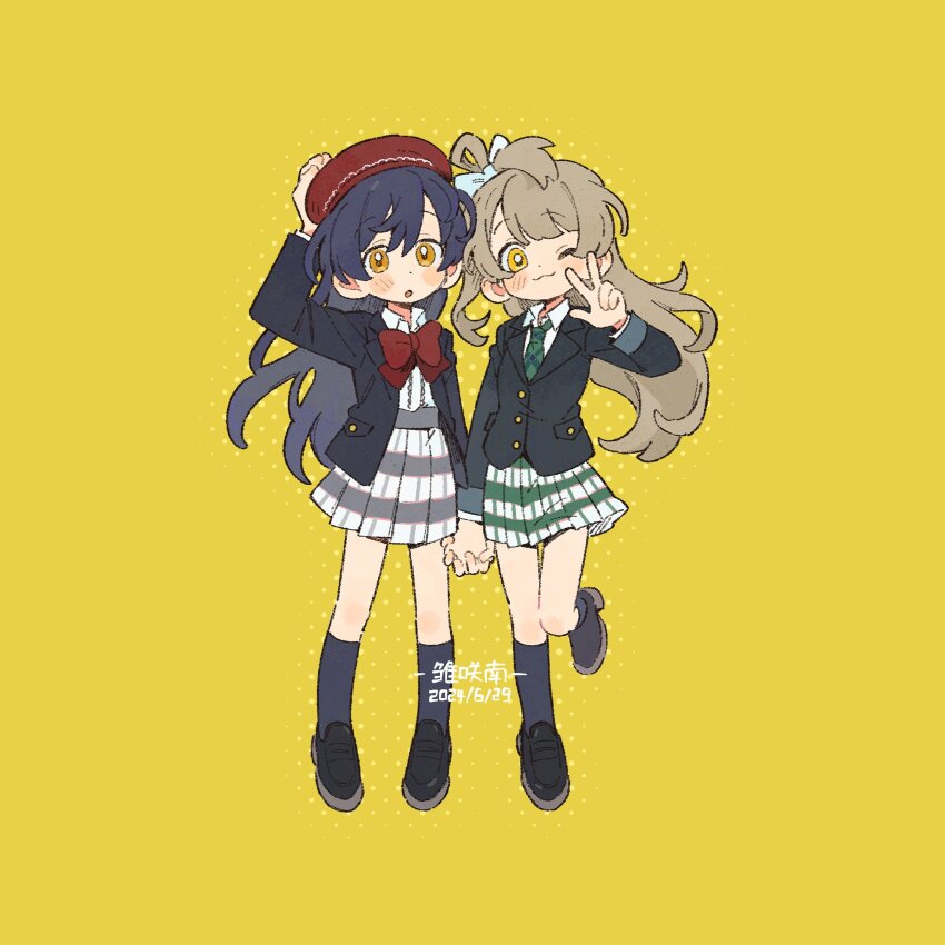 2girls :3 black_footwear black_socks blazer blue_hair blush bow bowtie brown_hair closed_mouth collared_shirt green_necktie hair_bow hair_ornament hand_on_headwear hat highres holding_hands jacket long_hair long_sleeves love_live! love_live!_school_idol_project minami_kotori minamip multiple_girls necktie one_eye_closed one_side_up open_clothes open_jacket open_mouth otonokizaka_school_uniform parted_lips plaid_clothes plaid_skirt pleated_skirt red_bow red_bowtie red_hat school_uniform shirt shoes simple_background skirt socks sonoda_umi standing standing_on_one_leg striped_necktie v white_shirt winter_uniform yellow_background yellow_eyes yuri
