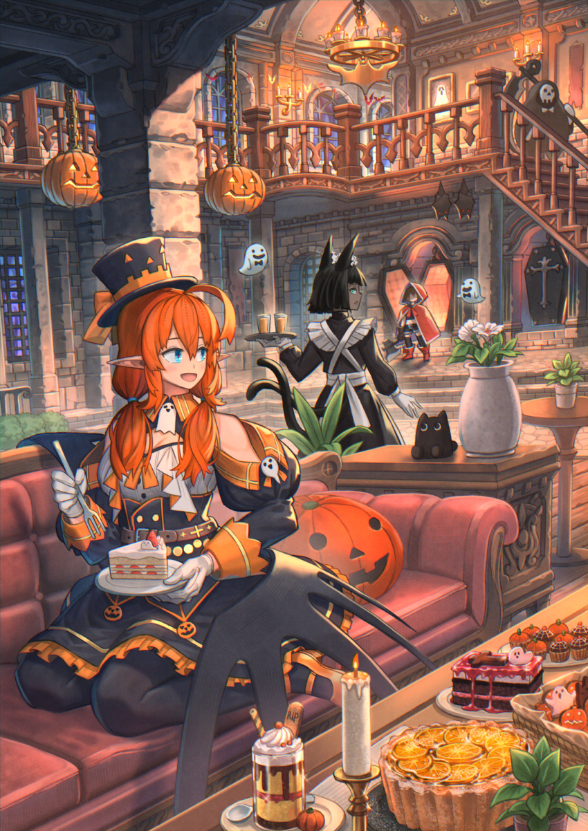 3girls :d ahoge animal_ears axe black_dress black_pantyhose blue_eyes cake candle candlestand chandelier coffin couch dark-skinned_female dark_skin dress eating extra_tails food fork ghost gloves halloween hat highres holding holding_fork holding_tray indoors jack-o&#039;-lantern low_wings maid maid_headdress medium_hair multiple_girls nagi_itsuki on_couch open_mouth orange_hair original pantyhose plant pointy_ears potted_plant scythe sitting smile stairs top_hat tray vase white_gloves wings