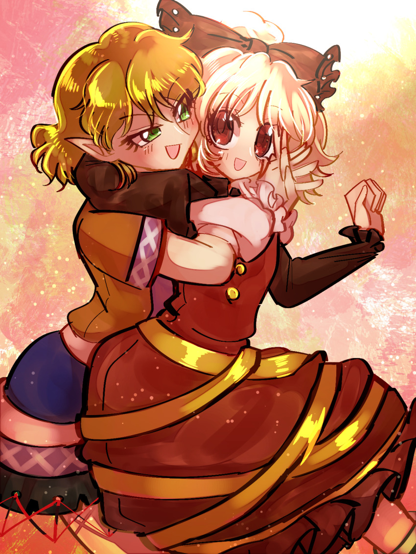 2girls :d arm_warmers black_bow black_shirt blonde_hair blush bow brown_dress brown_eyes brown_shirt buttons commentary_request cowboy_shot dress green_eyes hair_bow highres hug hug_from_behind kurodani_yamame long_sleeves looking_at_another mizuhashi_parsee multiple_girls open_mouth pinafore_dress pink_background pointy_ears ribbon shippuu_jinnari shirt short_hair short_sleeves sleeveless sleeveless_dress smile touhou yellow_ribbon yuri