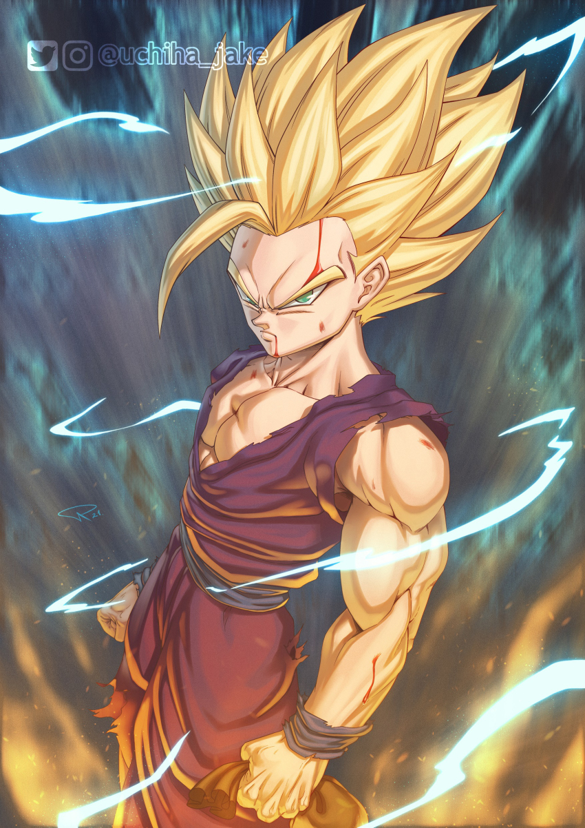 1boy absurdres blonde_hair blood blood_on_arm blood_on_face blue_eyes commentary dougi dragon_ball dragon_ball_(classic) english_commentary highres male_focus muscular muscular_child saiyan shirt simple_background solo son_gohan spiked_hair super_saiyan super_saiyan_1 twitter_logo uchiha_jake wristband