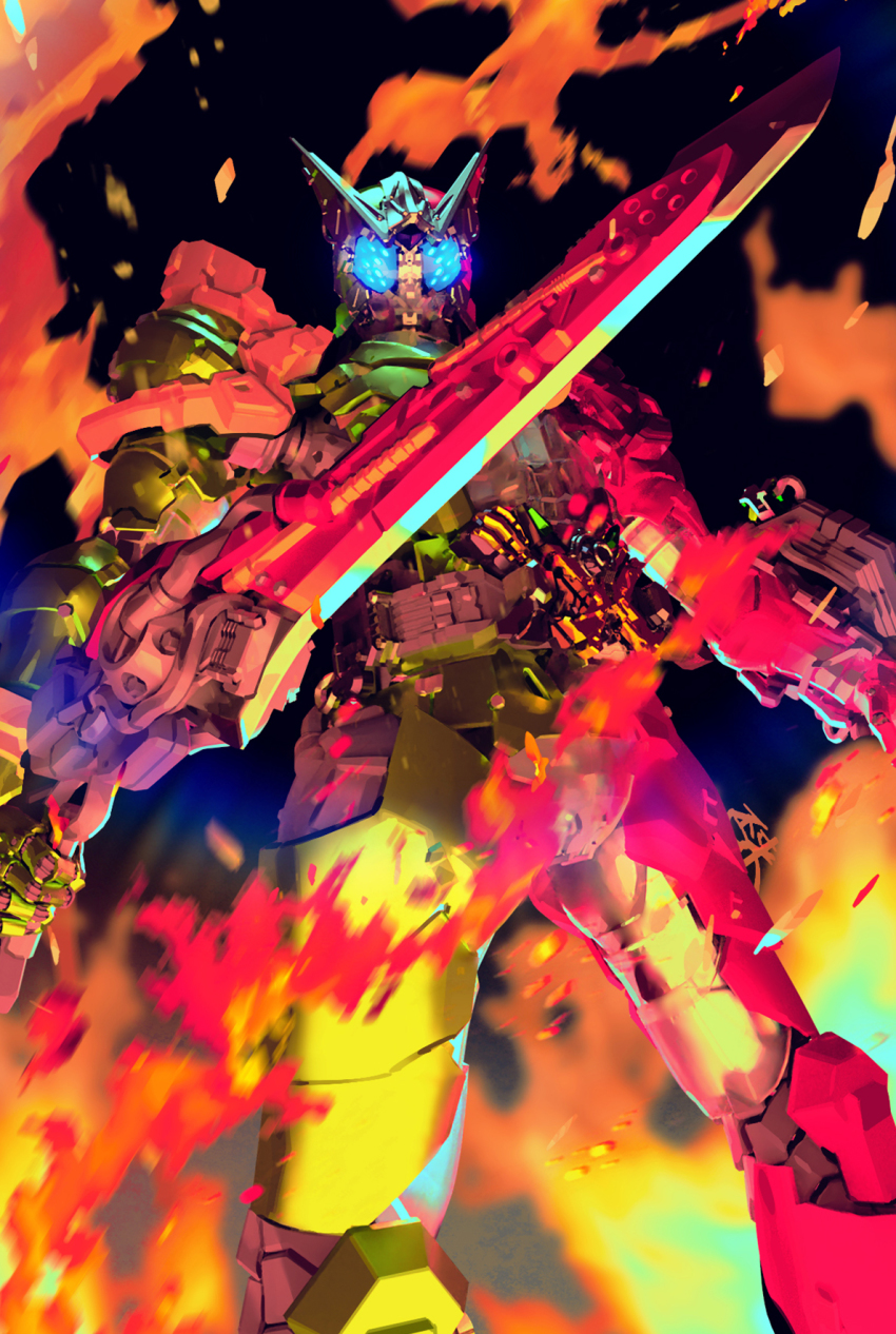 1boy antennae armor blue_eyes commentary double_driver fire from_below gaia_memory glowing_etes highres holding holding_sword holding_weapon inaki_shinrou kamen_rider kamen_rider_accel kamen_rider_double kamen_rider_w shield sword tokusatsu weapon