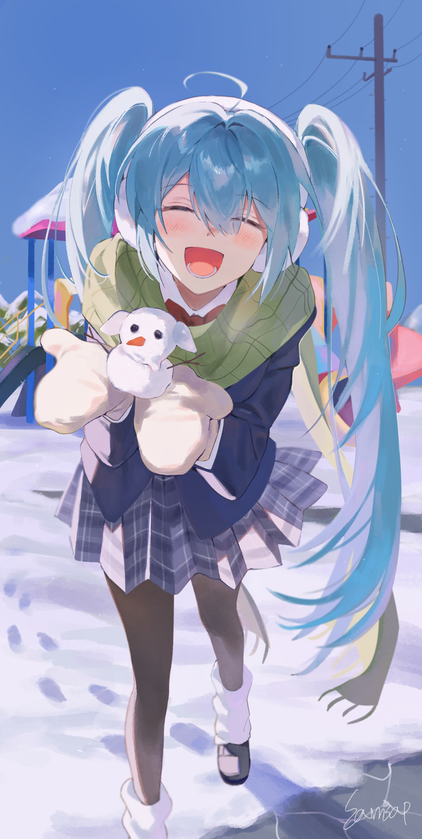 1girl :d ^_^ absurdres ahoge black_pantyhose blazer blue_hair blue_jacket blue_sky blush bow bowtie closed_eyes commentary day earmuffs facing_viewer foot_out_of_frame footprints green_scarf hair_between_eyes hatsune_miku highres holding_snowman jacket leg_warmers long_sleeves lower_teeth_only mittens outdoors pantyhose path plaid_clothes plaid_scarf plaid_skirt playground power_lines red_bow red_bowtie samsap scarf shoes signature skirt sky slide smile snow snowman solo teeth twintails utility_pole vocaloid walking white_leg_warmers white_mittens