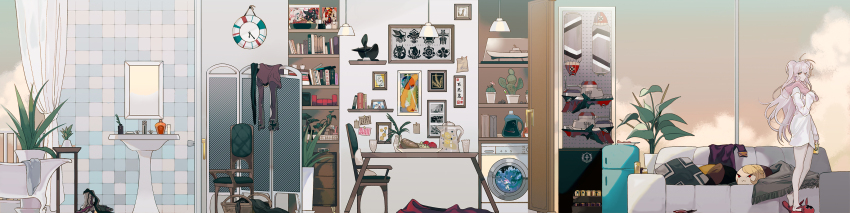 1girl absurdres akagi_(azur_lane) alarm_clock alternate_costume antenna_hair apple artist_self-reference azur_lane basket bathrobe bathtub bonsai book bread cactus can ceiling_light chair character_doll clock closed_mouth clothes cloud commander_(azur_lane) commentary couch curtains dace_(azur_lane) doll dragon_empery_(emblem) eagle_union_(emblem) expressionless food fruit glass grapes grey_hair highres holding holding_can holding_towel i-58_(azur_lane) indoors iris_libre_(emblem) iron_blood_(emblem) kaga_(azur_lane) kaifei_(kaifei_29) long_hair looking_at_viewer looking_to_the_side minifridge mirror model_ship northern_parliament_(emblem) note orange_eyes painting_(object) photo_(object) picture_frame plant plate potted_plant prince_of_wales_(azur_lane) prinz_eugen_(azur_lane) railing red_slippers rigging royal_navy_emblem_(azur_lane) sakura_empire_(emblem) shoukaku_(azur_lane) sink slippers soap solo table towel very_long_hair very_wide_shot washing_machine window zuikaku_(azur_lane)