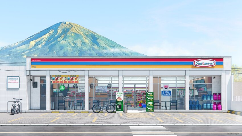 artist_name bicycle bicycle_basket blue_sky building chinese_text city cloud convenience_store day english_text food highres indomaret indonesian_text japan mount_fuji mountain mountainous_horizon no_humans outdoors photo-referenced real_life real_world_location road sayybils scenery shadow shop sign sky storefront street tree vending_machine watermark