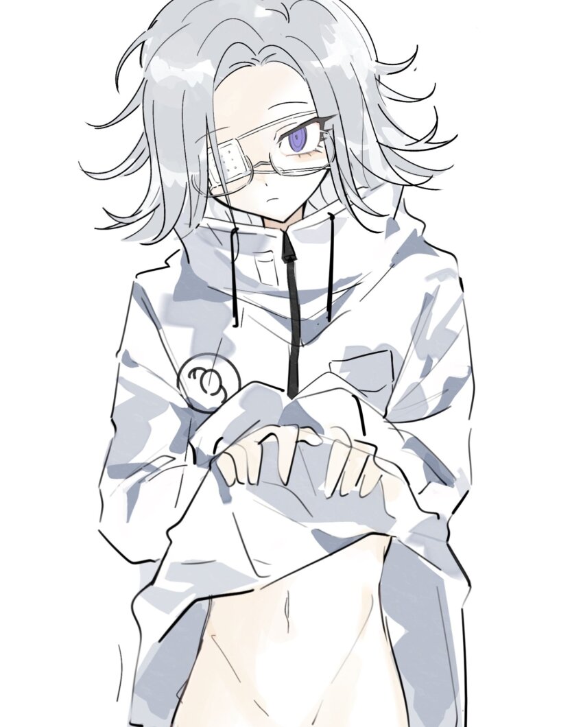 1boy ac_warlock aotsuki_eito bandaged_fingers bandaged_head bandages bandaid bandaid_on_cheek bandaid_on_face bandaid_on_nose clothes_lift eyepatch gauze gauze_on_cheek glasses grey_hair highres jacket looking_at_viewer male_focus medical_eyepatch navel no_pants one_eye_covered short_hair simple_background solo the_hundred_line_-last_defense_academy- upper_body white_background white_jacket