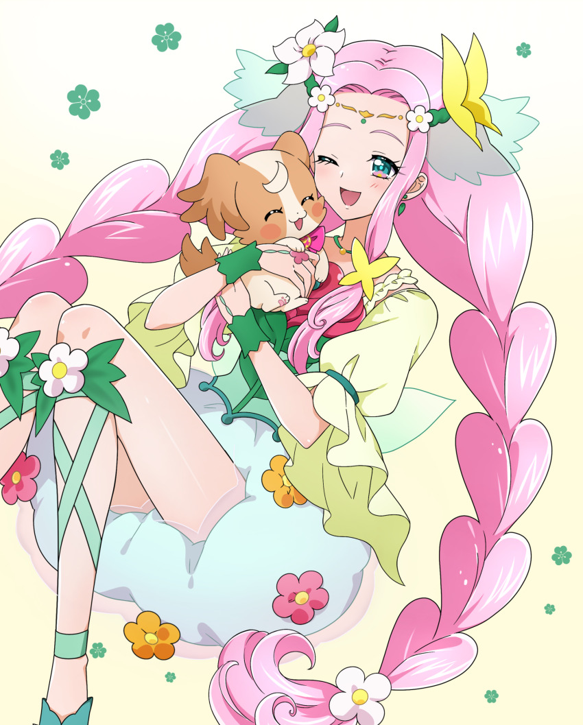 1girl ;d animal blue_skirt blush blush_stickers braid bubble_skirt closed_eyes commission cure_felice dog dot_nose dress_flower earrings flower flower_in_eye green_eyes green_ribbon green_veil green_wrist_cuffs hair_flower hair_ornament hanami_kotoha highres holding holding_animal holding_dog in-franchise_crossover inukai_komugi inukai_komugi_(dog) jewelry kagami_chihiro leg_ribbon long_hair magical_girl mahou_girls_precure! multicolored_eyes one_eye_closed open_mouth papillon_(dog) pink_hair pixiv_commission precure puffy_sleeves ribbon simple_background sitting skirt smile symbol_in_eye twin_braids veil very_long_hair wonderful_precure! wrist_cuffs yellow_background