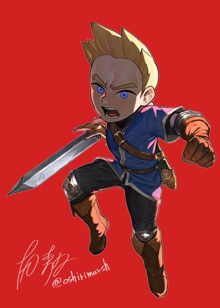1boy armor artist_name belt black_pants blonde_hair blue_eyes boots brown_belt brown_boots brown_gloves clenched_hand dancho_no_mori elbow_pads full_body gloves hands_up highres holding holding_sword holding_weapon knee_pads leg_up male_focus midair mii_(nintendo) mii_swordfighter mii_swordfighter_(smash_ultimate) nintendo open_mouth pants red_background scabbard sheath short_hair short_sleeves shoulder_belt signature simple_background solo super_smash_bros. sword twitter_username v-shaped_eyebrows weapon