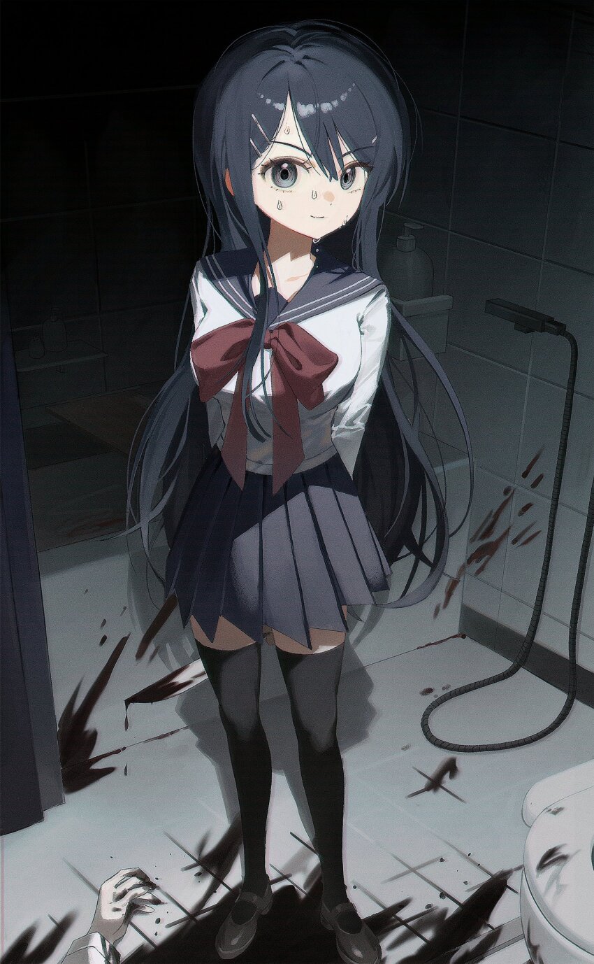 1girl absurdres bathtub black_hair black_sailor_collar black_thighhighs blood bow bowtie breasts brown_shoes chama_(chacoc0) corpse danganronpa:_trigger_happy_havoc danganronpa_(series) hair_ornament hairclip highres holding holding_knife indoors knife large_breasts long_hair long_sleeves maizono_sayaka miniskirt pleated_skirt red_bow red_bowtie sailor_collar school_uniform shoes skirt smile solo_focus sweat thighhighs