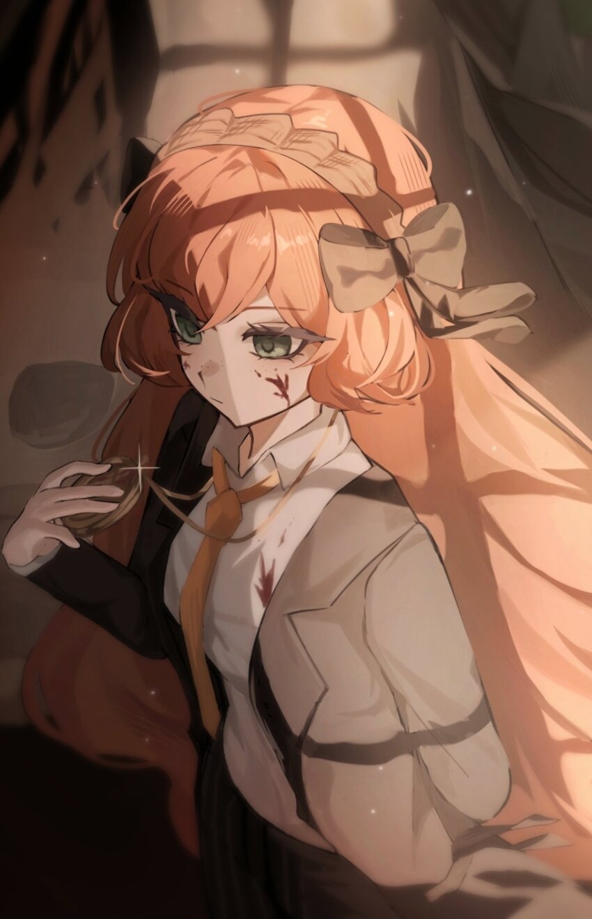 1girl black_bow black_jacket blood blood_on_face bow bygone_days_(e.g.o) collared_shirt e.g.o_(project_moon) flaqjtmfmf freckles green_eyes hair_bow highres holding_pendant ishmael_(project_moon) jacket lapels limbus_company necktie orange_hair project_moon shirt upper_body white_shirt window_shadow yellow_necktie
