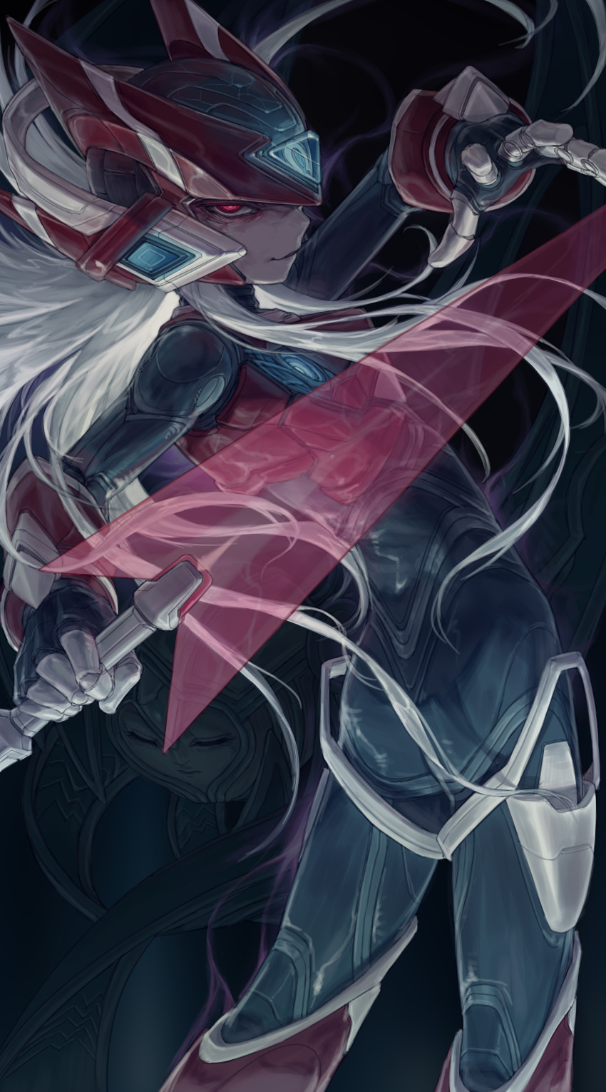 1boy 1girl absurdres android arched_back arm_up armor black_background bracer closed_eyes closed_mouth commentary cowboy_shot dark_elf_(mega_man) energy_sword evil_grin evil_smile fake_horns forehead_jewel grin helmet highres holding holding_sword holding_weapon horned_helmet horns kursage leaning_back long_hair looking_at_viewer male_focus mega_man_(series) mega_man_zero_(series) mega_man_zero_3 omega_(mega_man) parted_lips red_armor red_eyes red_helmet ringed_eyes simple_background smile standing sword very_long_hair weapon white_hair z_saber