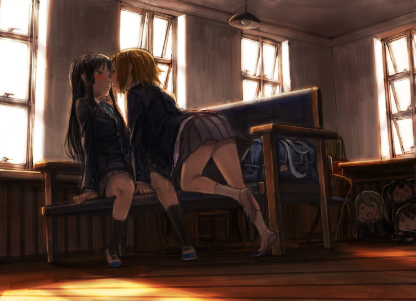 00s 5girls :d =_= akiyama_mio bag blazer covering_face eye_contact fukutarou_(enji127) hands_on_own_cheeks hands_on_own_face hirasawa_yui ho-kago_tea_time imminent_kiss jacket k-on! kotobuki_tsumugi looking_at_another multiple_girls nakano_azusa o_o open_mouth peeking school_bag school_uniform shoes smile socks sunlight tainaka_ritsu uwabaki when_you_see_it yuri