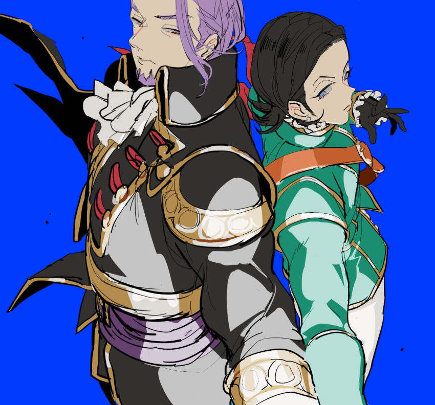 2boys aqua_shirt armband ascot back-to-back belt black_gloves black_hair black_jacket blue_background blue_eyes brown_belt closed_mouth commentary_request dragon_quest dragon_quest_xi earrings facial_hair floating_clothes from_above gloves gold_trim greig_(dq11) hair_slicked_back jacket jewelry kinako_(marubotan) long_hair looking_at_another looking_to_the_side male_focus medium_hair multiple_boys official_alternate_costume pants purple_eyes purple_facial_hair purple_hair purple_sash red_armband sash shirt single_bang stud_earrings sylvia_(dq11) white_ascot white_pants