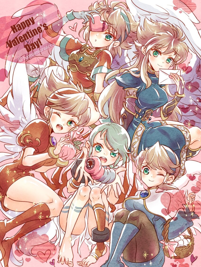 5girls :d angel_wings barefoot blonde_hair blush breasts breath_of_fire breath_of_fire_i breath_of_fire_ii breath_of_fire_iii breath_of_fire_iv breath_of_fire_v closed_mouth dress feathered_wings full_body hairband hamamuraacca happy_valentine highres jewelry long_hair looking_at_viewer monster multiple_girls nina_(breath_of_fire_i) nina_(breath_of_fire_ii) nina_(breath_of_fire_iii) nina_(breath_of_fire_iv) nina_(breath_of_fire_v) one_eye_closed open_mouth pantyhose red_wings short_hair smile very_short_hair white_wings wings