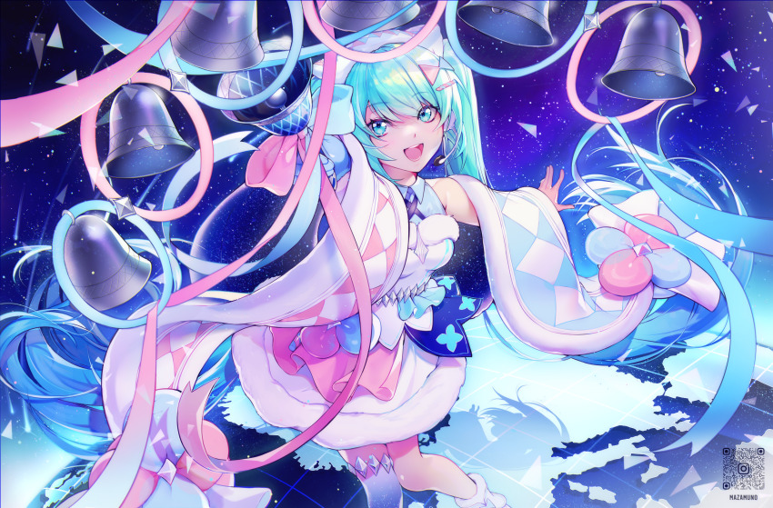 1girl absurdres aqua_eyes aqua_hair bad_id bad_pixiv_id barcode bell blue_bow blue_thighhighs bow comet dress flower foreshortening fur_trim globe hair_ornament hairband hairclip hatsune_miku highres long_hair magical_mirai_miku magical_mirai_miku_(2020_winter) mazamuno night pink_bow shooting_star signature single_thighhigh star_(sky) thighhighs twintails two-tone_bow very_long_hair vocaloid white_dress yuki_miku