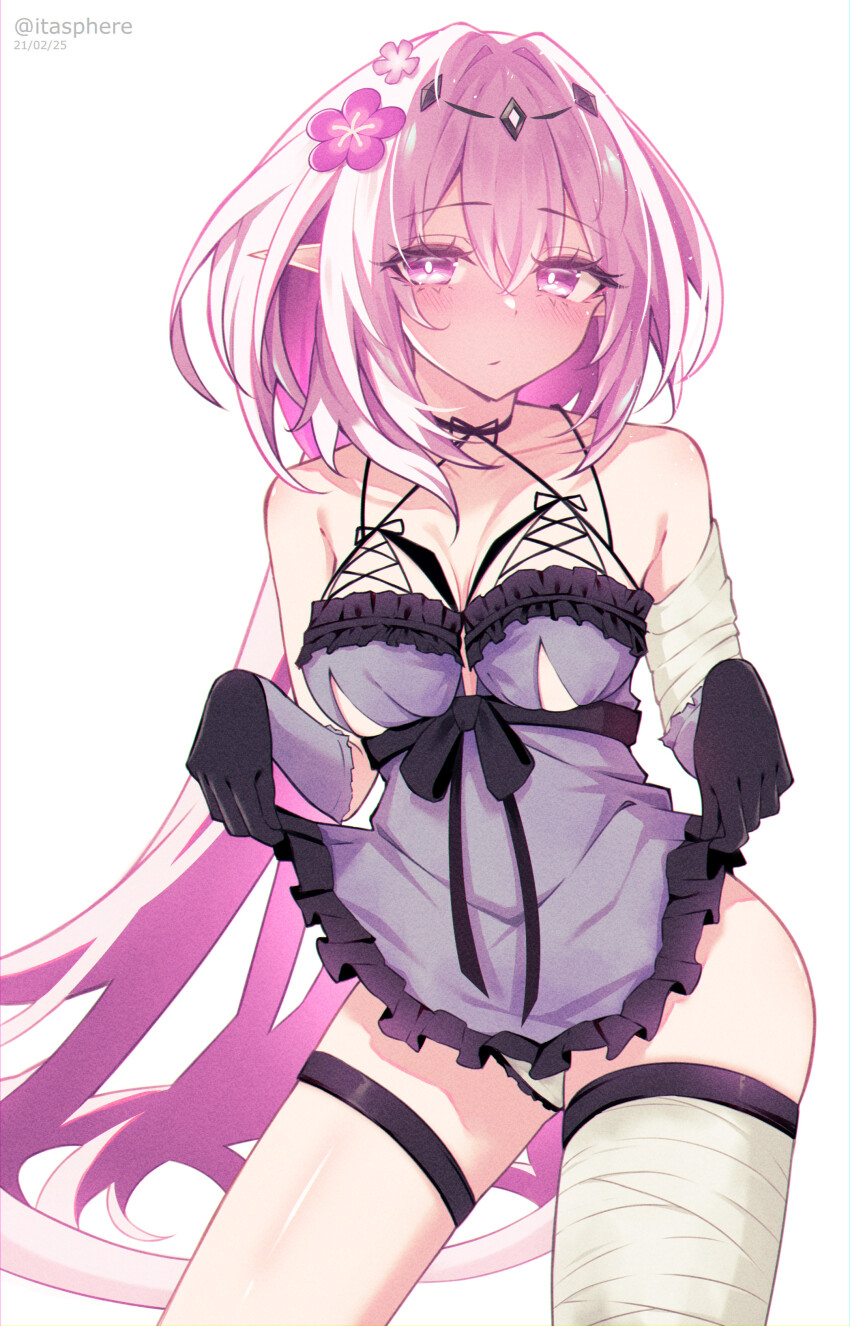 1girl absurdres artist_name babydoll bandaged_arm bandaged_leg bandages bare_shoulders black_gloves blue_babydoll breasts bright_pupils castorice_(honkai:_star_rail) closed_mouth clothes_lift commentary cosplay cowboy_shot dated dress dress_lift flower gloves hair_flower hair_ornament highres honkai:_star_rail honkai_(series) itasphere kaine_(nier) kaine_(nier)_(cosplay) large_breasts light_blush long_hair looking_at_viewer nier nier_(series) pink_eyes pink_flower pink_hair pointy_ears simple_background solo thighs very_long_hair white_background white_pupils