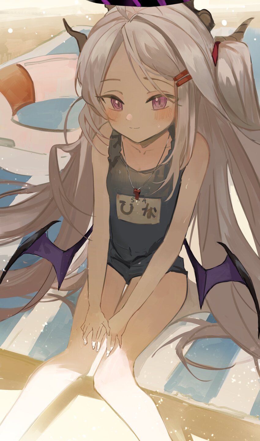 1girl absurdres ahoge axleaki beach black_halo blue_archive breasts day demon_girl demon_horns demon_wings halo highres hina_(blue_archive) hina_(swimsuit)_(blue_archive) horns loli long_hair old_school_swimsuit outdoors school_swimsuit sitting small_breasts solo swimsuit white_hair wings