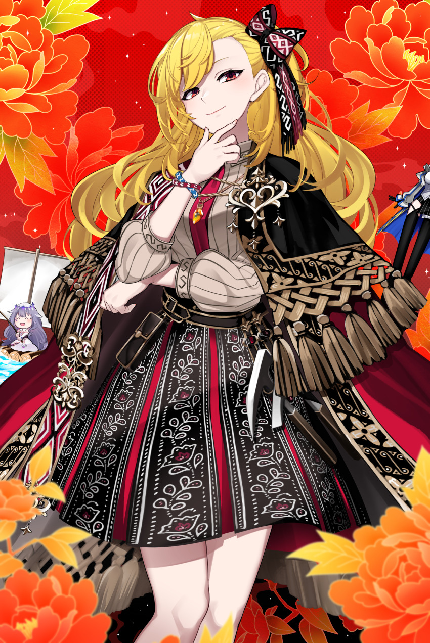 3girls absurdres akagi_(sk0127aho) black_bow black_skirt blonde_hair bow bowtie bracelet breasts closed_mouth collared_shirt fishing fishing_rod flower grey_shirt hair_bow hand_on_own_chin highres holding holding_fishing_rod hololive hololive_english hololive_indonesia jewelry kaela_kovalskia kaela_kovalskia_(indonesian_casual) koseki_bijou koseki_bijou_(1st_costume) long_hair multicolored_skirt multiple_girls orange_flower orange_rose ouro_kronii ouro_kronii_(1st_costume) pink_bow pink_bowtie red_eyes red_skirt ribbed_shirt rose shadow shirt skirt solo virtual_youtuber