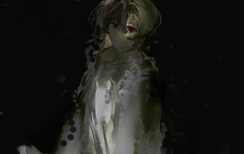 1boy black_background black_jacket brown_hair chinese_commentary closed_mouth commentary_request hair_between_eyes heibaihuabing highres hood hood_down hooded_jacket isoi_haruki jacket male_focus open_clothes open_jacket red_eyes saibou_shinkyoku shirt short_hair single_tear solo upper_body white_shirt
