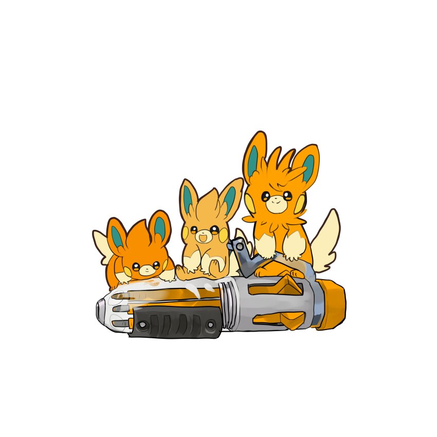 :d absurdres ballpoint_splatling_(splatoon) brown_eyes commentary_request evolutionary_line fishburi gun highres nintendo no_humans open_mouth orange_fur pawmi pawmo pawmot pokemon pokemon_(creature) simple_background smile splatoon_(series) tail weapon white_background