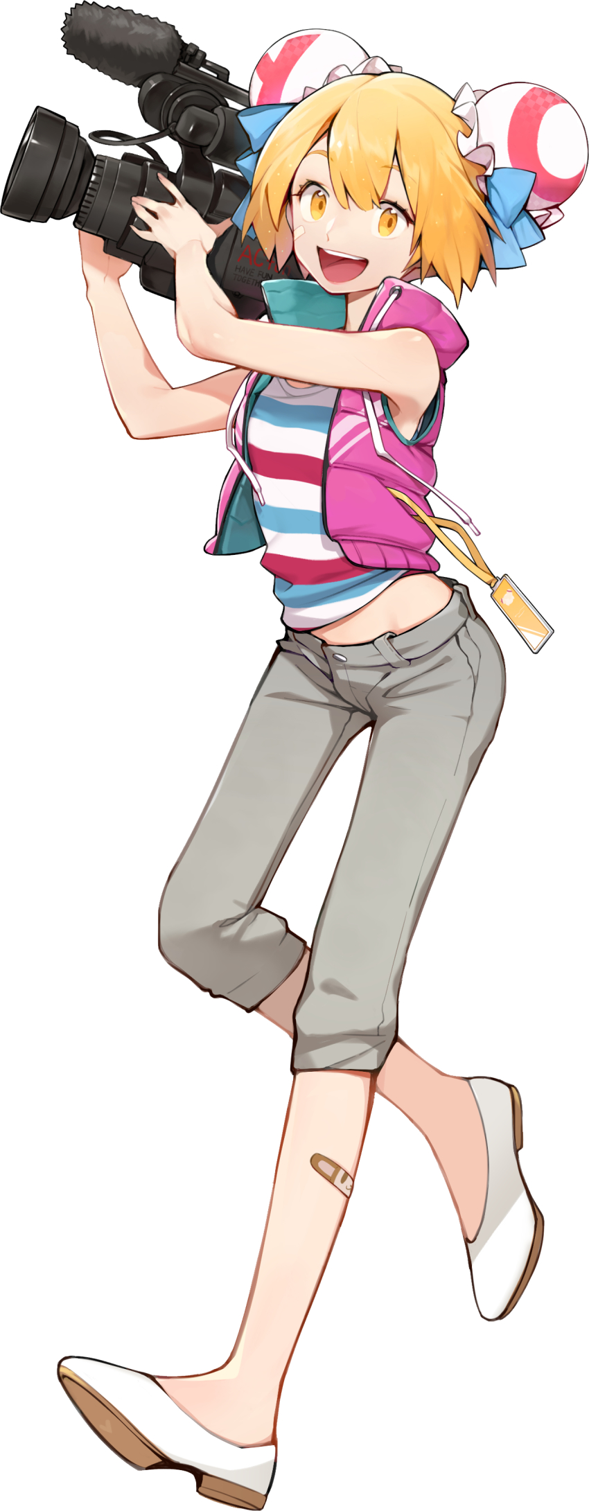 1girl :d absurdres acfun acfun_girl bandaid bandaid_on_face bandaid_on_leg bare_arms bare_shoulders blonde_hair blue_bow bow bun_cover camera capri_pants ciciya double_bun flats full_body grey_pants hair_bow hair_bun highres holding holding_camera id_card jacket lanyard looking_at_viewer multicolored_tank_top official_art open_mouth pants pink_jacket sleeveless sleeveless_jacket smile standing standing_on_one_leg striped_tank_top tank_top tv_camera white_background white_footwear yellow_eyes