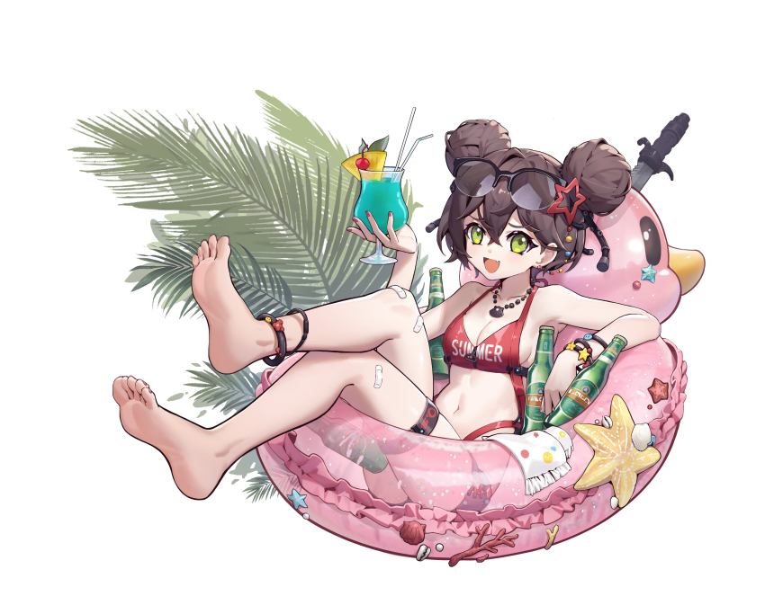 1girl absurdres anklet barefoot bikini bottle breasts brown_hair camera_phone chunrijun_(springer) cleavage collarbone combination_weapon cup double_bun eyewear_on_head feet floor girls&#039;_frontline green_eyes gun hair_bun hair_ornament handgun highres holding holding_cup jewelry knife knife_gun legs lifebuoy looking_at_viewer medium_hair multiple-barrel_gun navel official_art open_mouth patch pistol qsb-91 qsb-91_(floating_mint_tea)_(girls&#039;_frontline) qsb-91_(girls&#039;_frontline) quadruple-barreled_pistol red_bikini simple_background sitting small_breasts smile soles solo star_(symbol) star_hair_ornament starfish summer swim_ring swimsuit toes viewfinder volley_gun weapon white_background