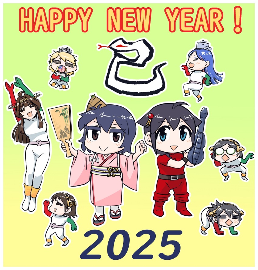 2025 6+girls aged_down ahoge arm_cannon bamboo_shoot black_hair blonde_hair blue_eyes blue_hair brown_eyes chinese_zodiac cobra_(space_adventure_cobra) cobra_(space_adventure_cobra)_(cosplay) cosplay double_bun english_text hair_bun hair_ornament hairband happy_new_year haruna_(kancolle) headgear hiei_(kancolle) highres iowa_(kancolle) japanese_clothes kantai_collection kimono kirishima_(kancolle) kongou_(kancolle) kongou_kai_ni_(kancolle) long_hair multicolored_hair multiple_girls new_year pink_kimono psychogun seiran_(mousouchiku) shigure_(kancolle) shigure_kai_san_(kancolle) short_hair south_dakota_(kancolle) space_adventure_cobra star_(symbol) weapon white_hair wide_sleeves yamashiro_(kancolle) year_of_the_snake