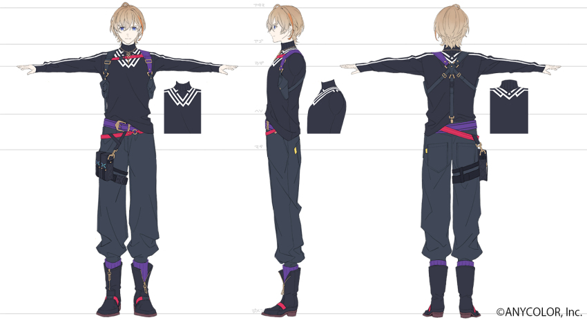 1boy ahoge belt belt_buckle black_boots black_pants black_shirt blonde_hair blue_eyes boots buckle chest_harness closed_mouth commentary_request company_name copyright_notice ebira facing_away fura_kanato fura_kanato_(1st_costume) gold_necklace hair_between_eyes harness jewelry long_sleeves looking_at_viewer male_focus multicolored_hair multiple_views necklace nijisanji official_art orange_hair pants pouch profile purple_belt reference_sheet second-party_source shirt short_hair simple_background sleeves_past_wrists split_mouth streaked_hair thigh_pouch thigh_strap turtleneck virtual_youtuber white_background