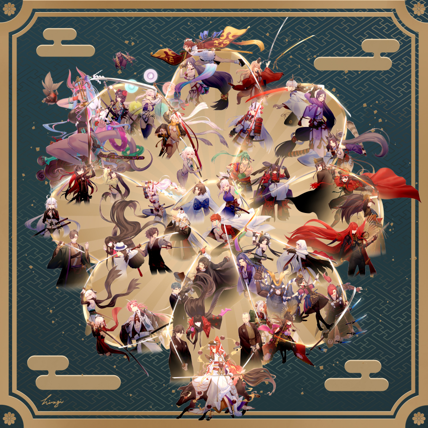 absurdres ahoge amakusa_shirou_(fate) animal_ears armor beni-enma beni-enma_(first_ascension) bikini cape chacha_(fate) crossed_arms drawing_sword egasumi emiya_shirou eyepatch fate/apocrypha fate/extra fate/extra_ccc fate/extra_ccc_fox_tail fate/grand_order fate/stay_night fate_(series) fedora fighting_stance fish flaming_sword flaming_weapon fox_ears glowing glowing_sword glowing_weapon goggles goggles_on_head grin hand_fan haori hat headband highres hiiragi_(karashriker) hijikata_toshizou_(fate) holding holding_sword holding_weapon ibuki_douji_(fate) ibuki_douji_(swimsuit_berserker)_(fate) ishtar_(fate) izumo_no_okuni_(fate) japanese_clothes jeanne_d&#039;arc_alter_(fate) jeanne_d&#039;arc_alter_(swimsuit_berserker)_(fate) kara_no_kyoukai katana katsushika_hokusai_(fate) katsushika_hokusai_(swimsuit_saber)_(fate) koha-ace kyokutei_bakin_(fate) long_hair low-tied_long_hair minamoto_no_raikou_(fate) minamoto_no_raikou_(fate/grand_order) minamoto_no_raikou_(swimsuit_lancer)_(fate) minamoto_no_raikou_(swimsuit_lancer)_(second_ascension)_(fate) miyamoto_musashi_(fate) miyamoto_musashi_(fate/grand_order) miyamoto_musashi_(swimsuit_berserker)_(fate) miyamoto_musashi_(swimsuit_berserker)_(third_ascension)_(fate) miyamoto_musashi_(third_ascension)_(fate) mochizuki_chiyome_(fate) mori_nagayoshi_(fate) mysterious_ranmaru_x_(fate) nagao_kagetora_(fate) nail_polish oda_kippoushi_(fate) oda_nobukatsu_(fate) oda_nobunaga_(fate) oda_nobunaga_(koha-ace) oda_nobunaga_(maou_avenger)_(fate) okada_izou_(fate) okita_j._souji_(fate) okita_souji_(fate) okita_souji_(koha-ace) okita_souji_alter_(fate) okita_souji_alter_(first_ascension)_(fate) okita_souji_alter_(swimsuit_saber)_(fate) oryou_(fate) oryou_(lancer)_(fate) ponytail rengoku_(fate) rengoku_(first_ascension)_(fate) ryougi_shiki saitou_hajime_(fate) sakamoto_ryouma_(fate) sakamoto_ryouma_(lancer)_(fate) sasaki_kojirou_(fate) scarf senji_muramasa_(fate) sheath side_ponytail smile space_ishtar_(fate) space_ishtar_(first_ascension)_(fate) suzuka_gozen_(fate) swimsuit sword taira_no_kagekiyo_(fate) takasugi_shinsaku_(fate) tate_eboshi tawara_touta_(fate) thighhighs tokitarou_(fate) tomoe_gozen_(fate) tomoe_gozen_(swimsuit_saber)_(fate) tomoe_gozen_(swimsuit_saber)_(third_ascension)_(fate) unsheathing ushiwakamaru_(fate) ushiwakamaru_(fate/grand_order) ushiwakamaru_(swimsuit_assassin)_(fate) ushiwakamaru_(swimsuit_assassin)_(first_ascension)_(fate) v watanabe_no_tsuna_(fate) weapon weapon_connection yagyuu_munenori_(fate) yamanami_keisuke_(fate) zanzaburou_(fate)
