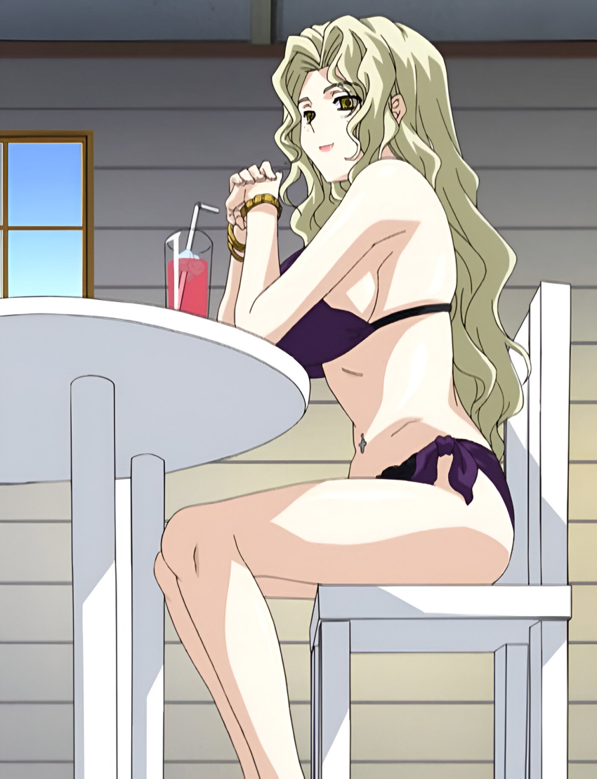 1girl blonde_hair breasts highres large_breasts leaning_on_object long_hair navel_piercing non-web_source piercing purple_swim_trunks resort_boin shinjou_kanae sitting swimsuit
