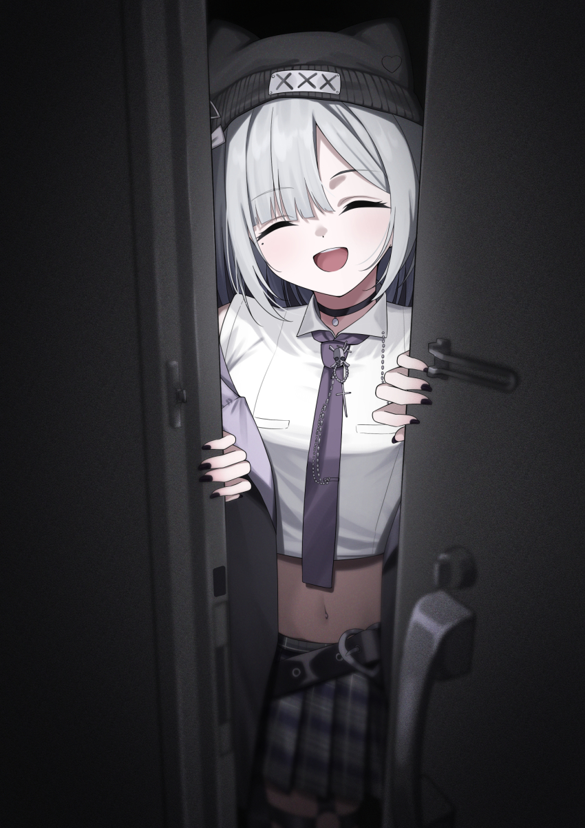 1girl beanie black_nails choker closed_eyes crop_top door doorway facing_viewer grey_skirt hat highres kaga_sumire kaga_sumire_(2nd_costume) lupinus_virtual_games medium_hair midriff mole mole_under_eye nail_polish navel necktie open_mouth opening_door parted_bangs pendant_choker plaid_clothes plaid_skirt pleated_skirt pov_doorway purple_necktie skirt smile solo square-end_necktie syurimp teeth tie_clip upper_teeth_only virtual_youtuber vspo! white_hair