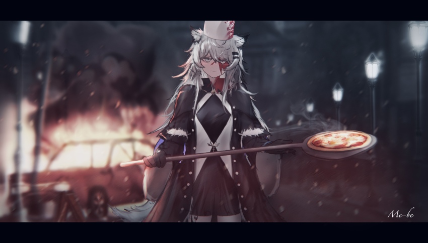 1girl absurdres animal_ears arknights black_coat blood blood_on_face blood_on_hat blurry blurry_background burning buttons car chef_hat closed_mouth coat commentary cowboy_shot fire food grey_eyes grey_hair hair_between_eyes hair_ornament hairclip hat highres holding lamppost lappland_(arknights) lappland_(refined_horrormare)_(arknights) letterboxed long_hair long_sleeves looking_at_viewer mebe_(teadia_violet) motor_vehicle official_alternate_costume open_clothes open_coat outdoors pizza signature smile solo standing steam unbuttoned white_hat wolf_ears wolf_girl