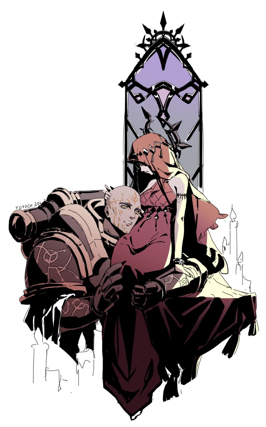 1boy 1girl armor artist_name bald breastplate candle chaos_(warhammer) chaos_undivided_(symbol) closed_mouth commentary couter dress english_commentary engraved_armor facial_tattoo gauntlets grey_armor grey_eyebrows hand_on_another&#039;s_arm hand_on_another&#039;s_head hand_on_another&#039;s_knee hand_on_another&#039;s_leg head_on_another&#039;s_stomach highres invisible_chair lifting_person lips looking_at_another lorgar_aurelian male_focus muntins original ornate_armor parted_lips pauldrons power_armor pregnant primarch red_dress red_hood rerebrace roroco316 shoulder_armor signature sitting size_difference stroking_another&#039;s_head tattoo teeth thick_eyebrows underlip_line viewer_self-insert warhammer_40k white_background window word_bearers yellow_eyes