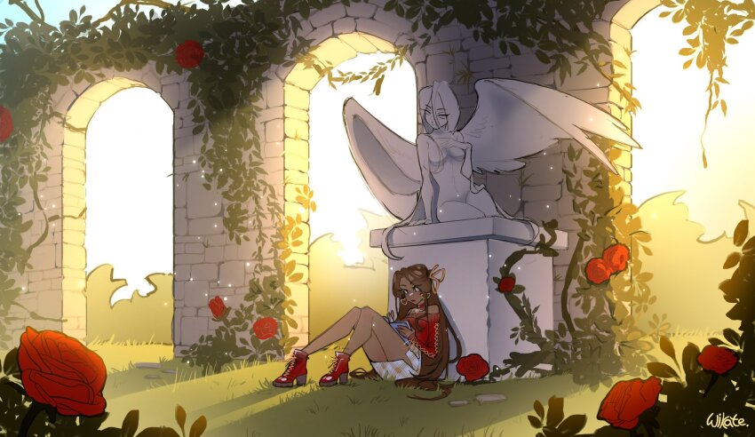 1girl angel_statue arch bare_legs book boots bright_pupils brown_hair bush choker closed_mouth commentary commission cross-laced_clothes cross-laced_sleeves dark-skinned_female dark_skin earrings english_commentary expressionless eyes_visible_through_hair eyeshadow flower full_body gold_earrings gold_necklace green_eyes hair_ribbon hair_spread_out heart heart_earrings high_heel_boots high_heels highres holding holding_book jewelry knees_up lace-up_boots leaning light_particles light_rays lipstick long_hair long_sleeves makeup miniskirt necklace off-shoulder_sweater off_shoulder open_book original outdoors overgrown pencil_skirt pink_eyeshadow plaid_clothes plaid_skirt reading red_boots red_choker red_flower red_lips red_rose red_sweater ribbon rose scenery shade shadow signature sitting skirt sky sleeve_ribbon sleeves_past_wrists solo statue sunlight sunrise sweater very_long_hair white_pupils white_sky wide_shot wikate winx_club yellow_ribbon yellow_skirt
