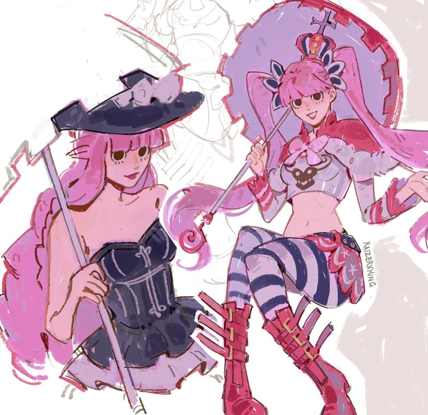 1girl absurdres artist_name black_dress boots bow bowtie capelet commentary crop_top crown dress hat highres holding holding_umbrella kaizer_(kaizerxking) long_hair long_sleeves looking_at_viewer one_piece pantyhose perona pink_hair red_boots skirt smile solo strapless strapless_dress striped_clothes striped_pantyhose twintails umbrella