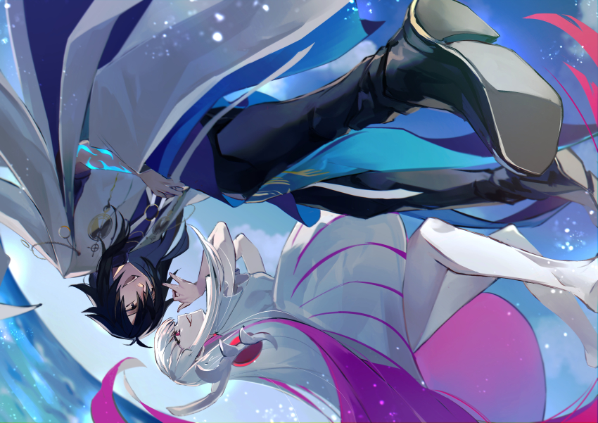 1boy 1girl absurdres black_eyes black_hair black_pants body_markings dress fate/grand_order fate_(series) highres kansya long_hair ocean oryou_(lancer)_(fate) pants pink_eyes sakamoto_ryouma_(lancer)_(fate) upside-down white_dress white_hair