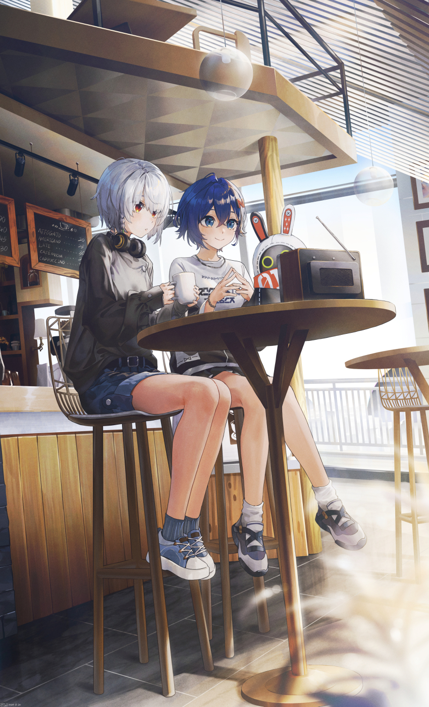 2girls absurdres alternate_costume anby_demara bangboo_(zenless_zone_zero) belle_(zenless_zone_zero) belt black_belt black_shirt blue_shoes blue_socks casual closed_mouth crossed_bangs cup denim denim_shorts eous_(zenless_zone_zero) full_body hair_between_eyes headphones headphones_around_neck highres holding holding_cup jewelry long_sleeves looking_at_object multiple_girls necklace on_chair outdoors parted_lips round_table shirt shoes short_hair shorts sidelocks socks swkl:d table white_shirt white_shoes white_socks zenless_zone_zero