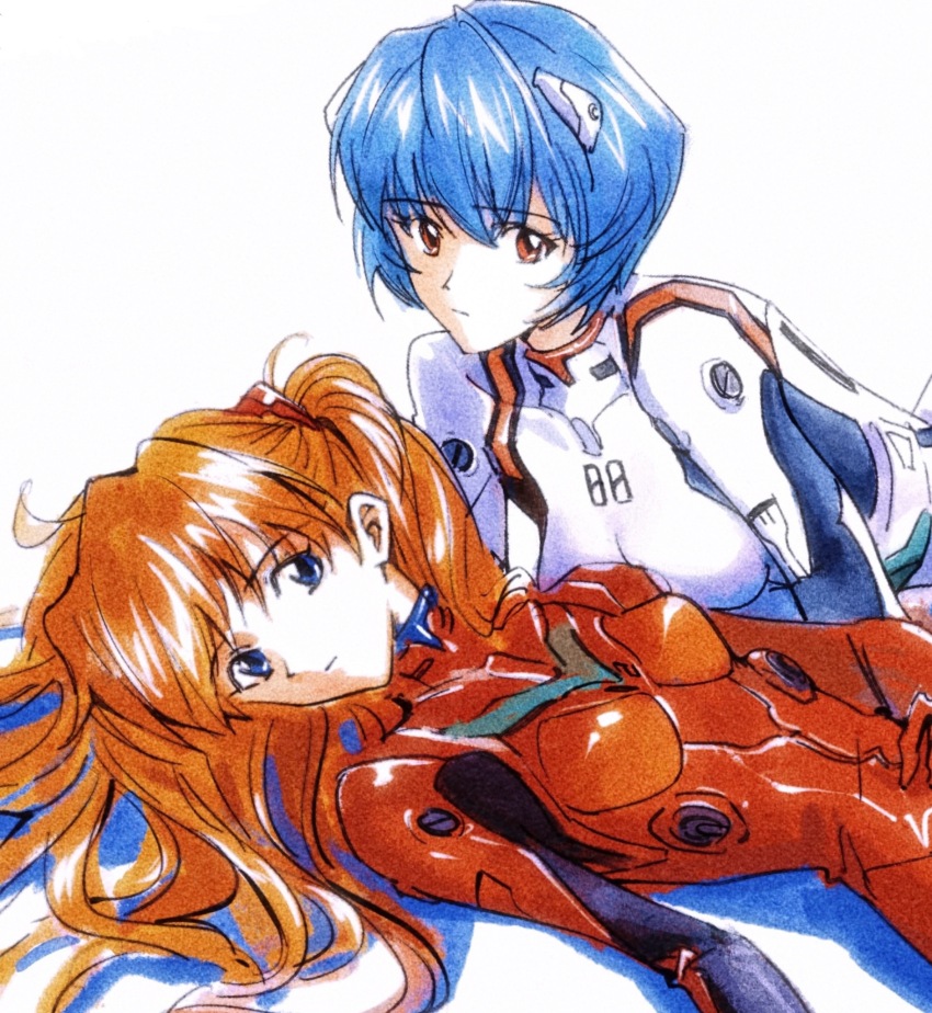 ayanami_rei blue_eyes blue_hair bodysuit breasts hair_between_eyes highres interface_headset_(evangelion) long_hair looking_at_viewer mecha_pilot_suit medium_breasts multiple_girls neon_genesis_evangelion plugsuit_(evangelion) qing_han_geng_(sunwind9426) red_bodysuit red_eyes short_hair simple_background souryuu_asuka_langley two_side_up white_bodysuit