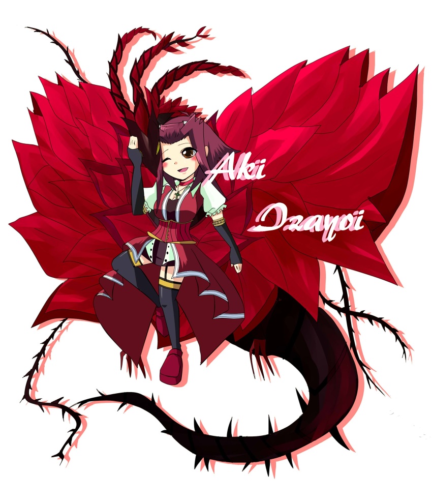 1girl absurdres bangs_pinned_back behind_another black_arm_warmers black_garter_straps black_rose_dragon black_thighhighs blush brown_eyes chibi chibi_only choker cleavage_cutout clothing_cutout corset cross cross_necklace dragon dragon_horns dragon_tail dragon_wings dress dress_shirt duel_monster english_text facing_another facing_to_the_side frilled_sleeves frills garter_straps green_shirt hand_on_another&#039;s_head heads_together highres horns izayoi_aki jewelry knee_up maruko1110 necklace one_eye_closed parted_bangs red_choker red_corset red_dress red_hair red_shoes shirt shoes smile tail thighhighs white_background wings yellow_eyes yu-gi-oh! yu-gi-oh!_5d&#039;s