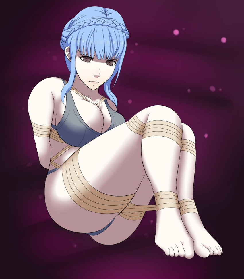 1girl ass bdsm blue_bra blue_hair blue_panties blush bondage bound bra breasts brown_eyes brown_rope cleavage collarbone dankestofdans eyeliner feet female_focus fire_emblem fire_emblem:_three_houses hair_bun highres intelligent_systems large_breasts lips makeup marianne_von_edmund nintendo panties pink_lips purple_background rope shiny_clothes shiny_skin short_hair sideboob solo thick_thighs thighs thong underwear