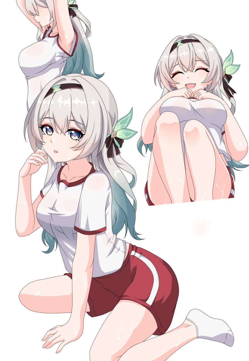 1girl absurdres alternate_costume armpit_peek breasts closed_eyes collarbone firefly_(honkai:_star_rail) gradient_hair green_hair grey_hair hair_between_eyes hair_ornament highres honkai:_star_rail honkai_(series) large_breasts long_hair maxwelzy multicolored_hair open_mouth red_shorts shirt short_sleeves shorts simple_background sitting smile socks sportswear wariza white_background white_shirt white_socks