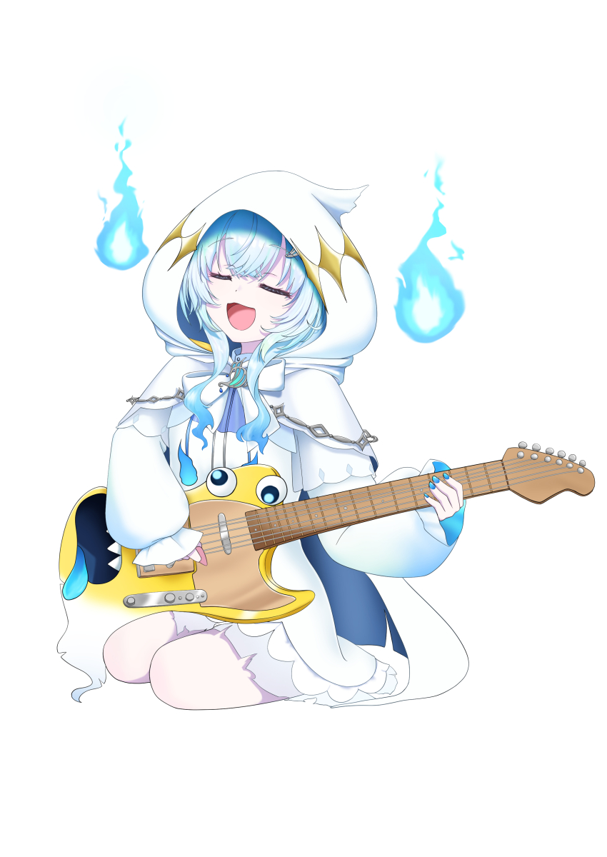 1girl :d absurdres blue_hair bow bowtie cloak closed_eyes commentary_request cuore_0624 dress electric_guitar full_body guitar highres hitodama holding holding_guitar holding_instrument hood hood_up hooded_cloak instrument long_hair music nanashi_inc. open_mouth playing_instrument simple_background sitting smile solo virtual_youtuber white_background white_bow white_bowtie white_cloak white_dress
