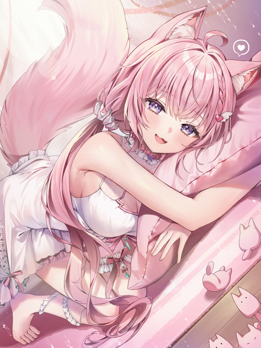 :d absurdres ahoge animal_ears antenna_hair barefoot braid breasts choker cleavage_cutout clothing_cutout commentary_request double-parted_bangs dress fang frilled_choker frilled_dress frilled_thigh_strap frills hair_ornament hair_scrunchie hakui_koyori hakui_koyori_(summer) halter_dress halterneck heart highres hololive hugging_object indoors large_breasts long_hair looking_at_viewer low_twintails nightgown official_alternate_costume official_alternate_hairstyle on_bed open_mouth pillow pillow_hug pink_choker pink_hair pink_tail purple_eyes runlan_0329 scrunchie short_dress side_braid sleeveless sleeveless_dress smile spoken_heart tail thigh_strap top-down_bottom-up twintails very_long_hair virtual_youtuber white_dress white_nightgown wing_hair_ornament wolf_ears wolf_girl wolf_tail