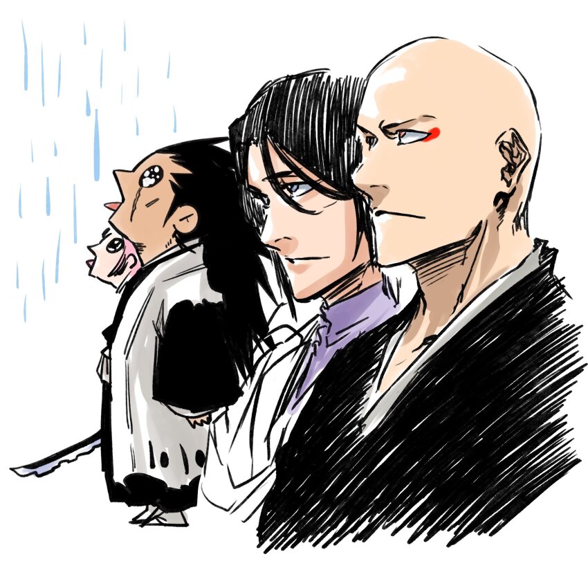 1girl 3boys ayasegawa_yumichika bald black_hair black_kimono bleach bleach:_sennen_kessen-hen brown_eyes chipped_sword closed_mouth eyeliner goku_and_vegeta_in_the_rain_(meme) hair_between_eyes haori highres japanese_clothes kimono kusajishi_yachiru long_hair looking_up madarame_ikkaku makeup meme monster_art_(rlawnsgr7) multiple_boys open_mouth pink_hair rain red_eyeliner taichou_haori zaraki_kenpachi