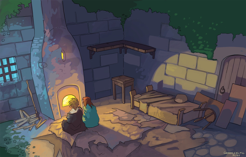 1boy 1girl bed bed_sheet bench blue_poncho brown_hair brown_poncho dated door fireplace greekceltic highres indoors jacky_(greekceltic) junior_(greekceltic) medium_hair moss orange_hair rod short_hair signature sitting stone_wall window wooden_bench wooden_door