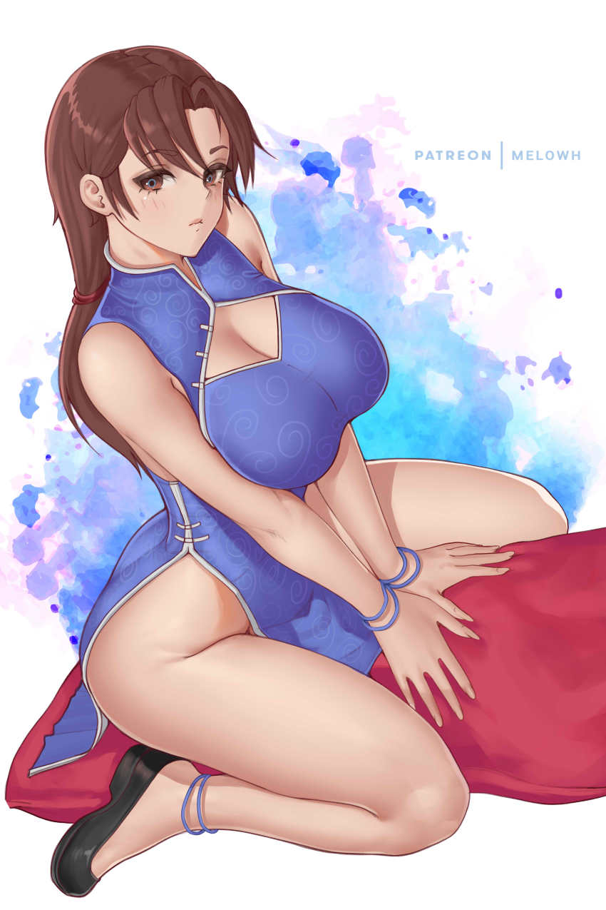 1girl absurdres anklet artist_name ass black_footwear blue_dress blush border bottomless bracelet breasts brown_eyes brown_hair china_dress chinese_clothes cleavage cleavage_cutout clothing_cutout dress expressionless highres hong_xiu_ying jewelry large_breasts long_hair looking_at_viewer low-tied_long_hair melowh no_panties ringed_eyes shenmue shenmue_ii shenmue_the_animation sitting sitting_on_object solo straddling thick_thighs thighs v_arms watercolor_background white_border